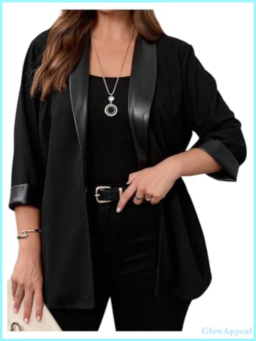 Plus Size Leather Trim Blazer 3/4 Sleeve Open Front Business Casual Work